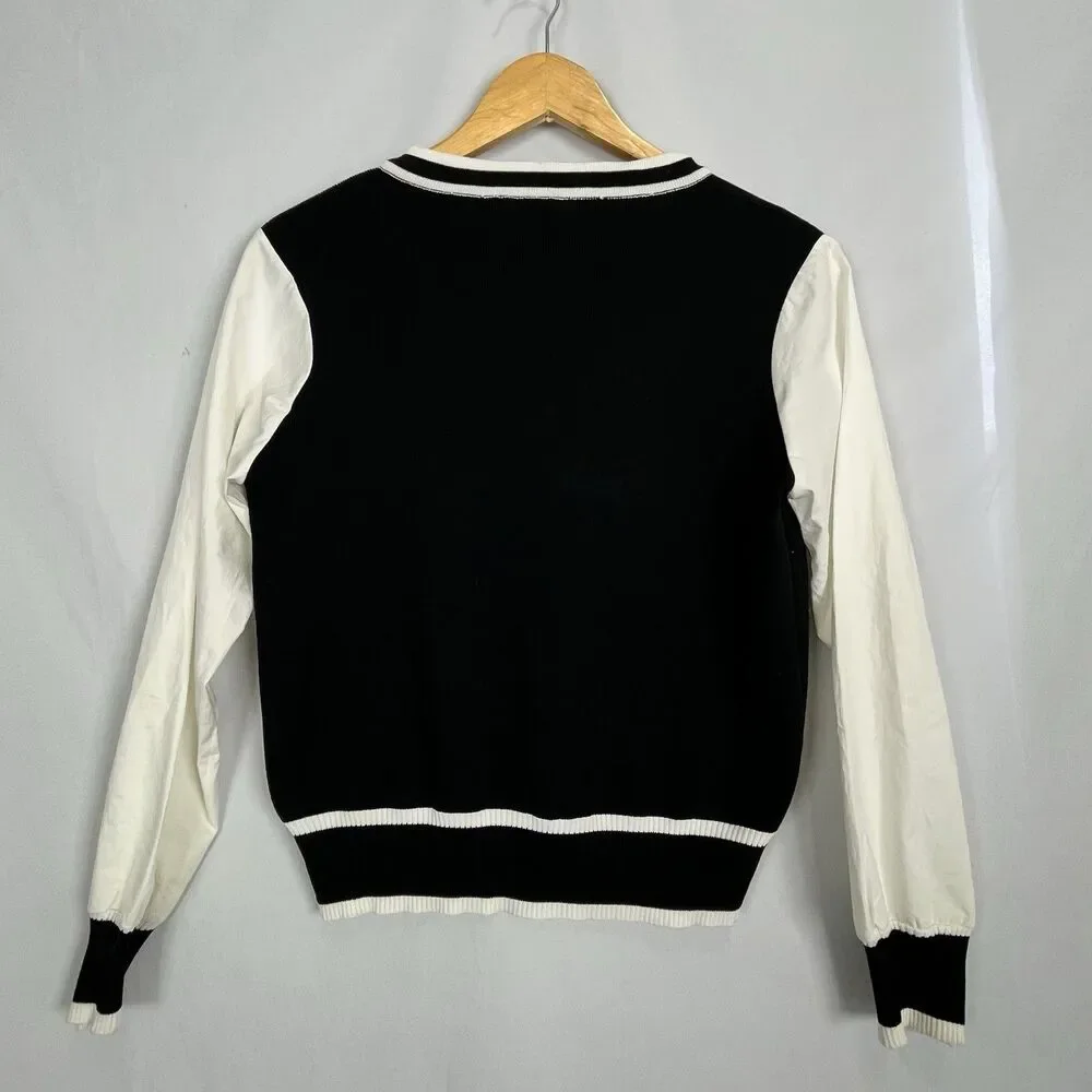 Women Black White Cardigan Pearl Buttons Contrast Trim Knit Elegant Classic